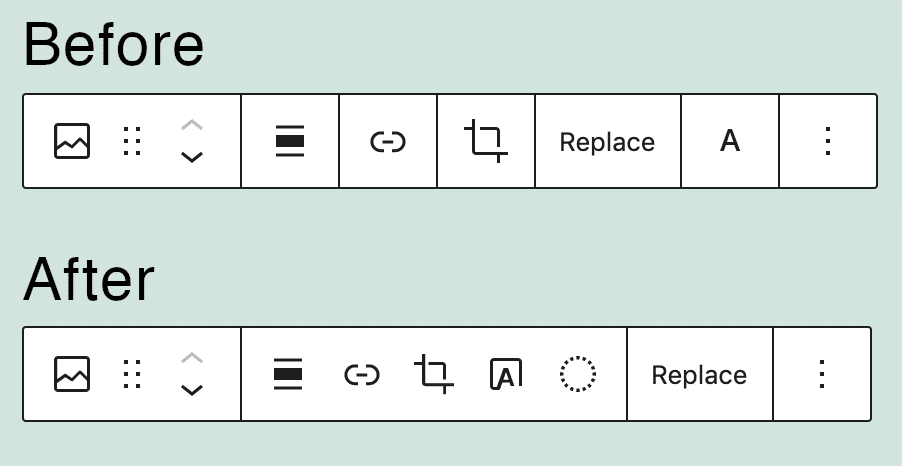 Barra de ferramentas de blocos de imagem no WordPress 5.7 vs WordPress 5.8.