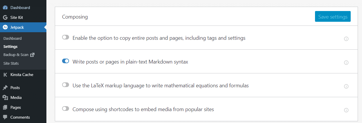 L'opzione di Jetpack per abilitare la sintassi markdown in WordPress.