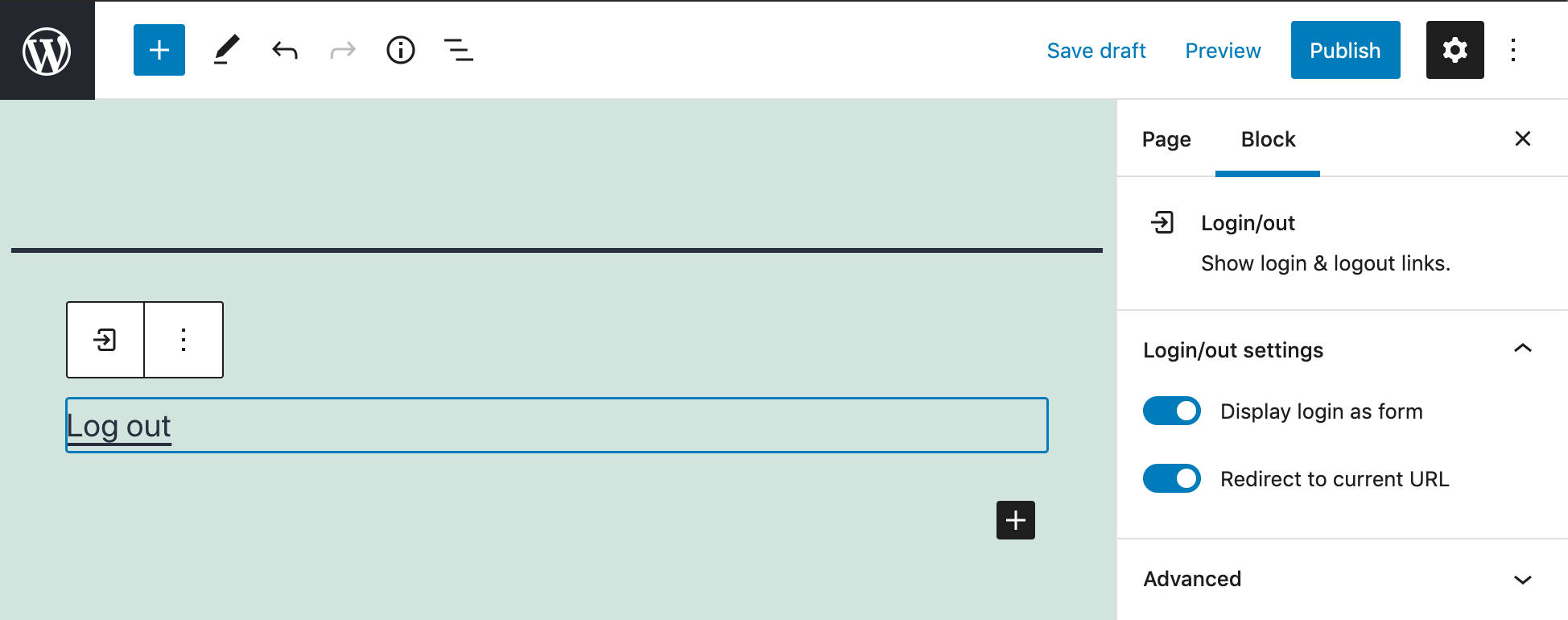 Login/out blokerer dets indstillinger i blokeditoren.