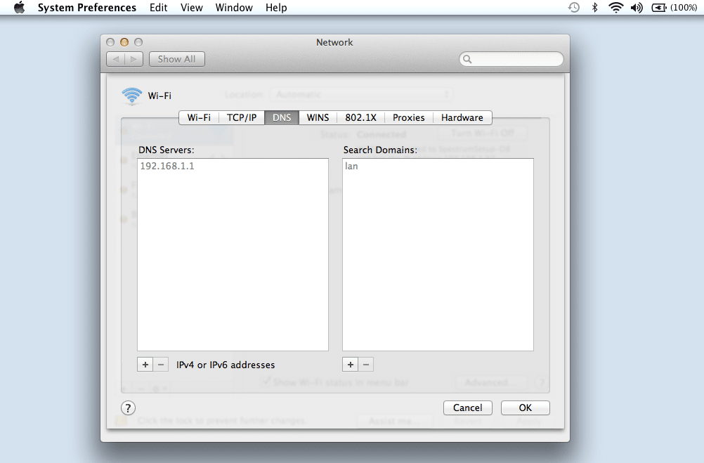 Het tabblad DNS van de netwerkinstellingen bij macOS.