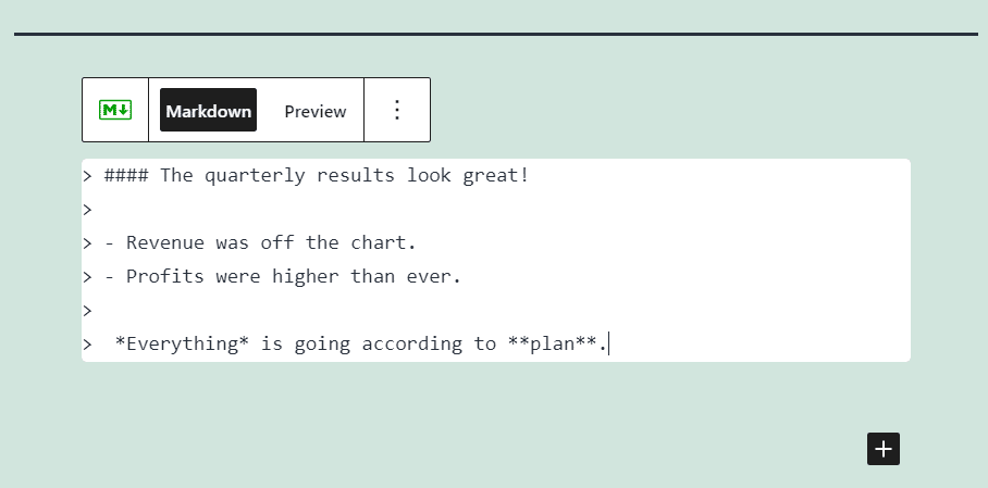 L'editor Markdown di Jetpack che mostra il testo di riempimento stilizzato con markdown.