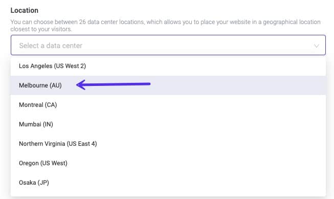 Set Melbourne, AU as your data center in MyKinsta