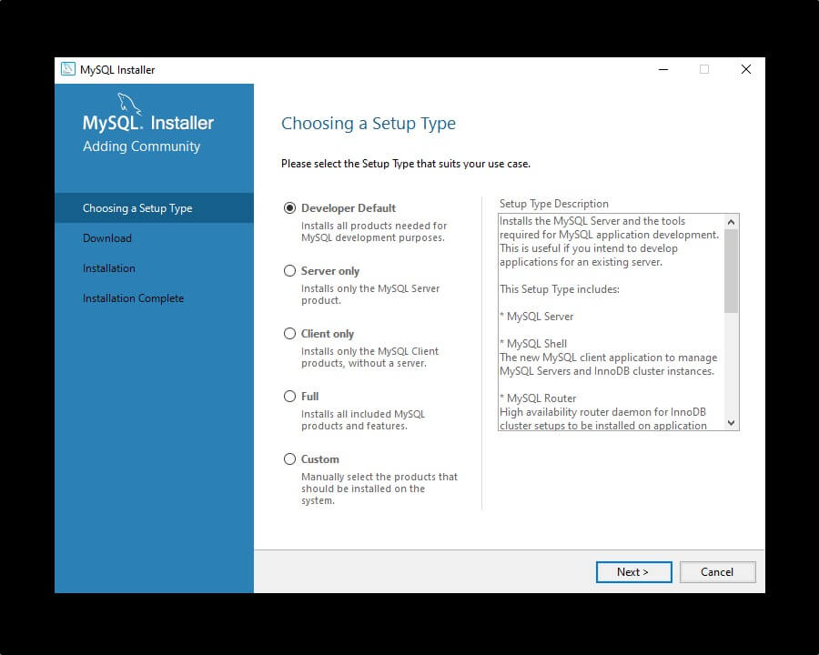 Type de configuration de l'installateur MySQL.