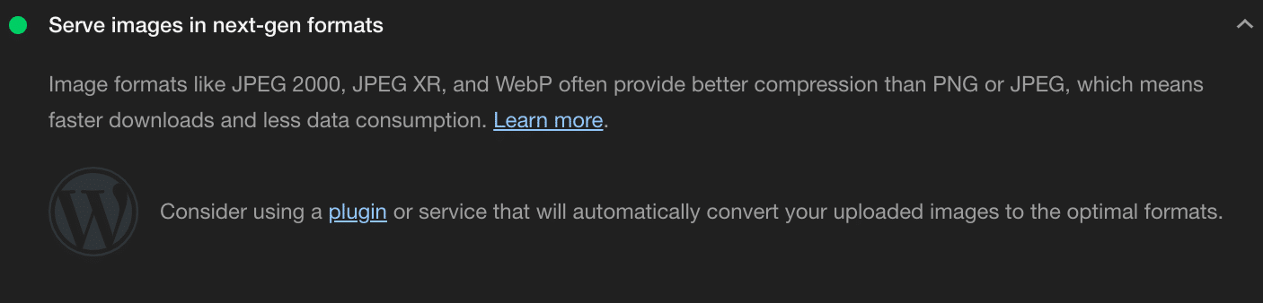  Google Lighthouse föreslår att du använder nästa generations bildformat.