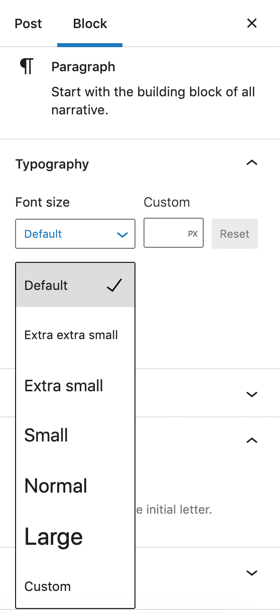 Un blocco paragrafo con preset personalizzati delle dimensioni del font.