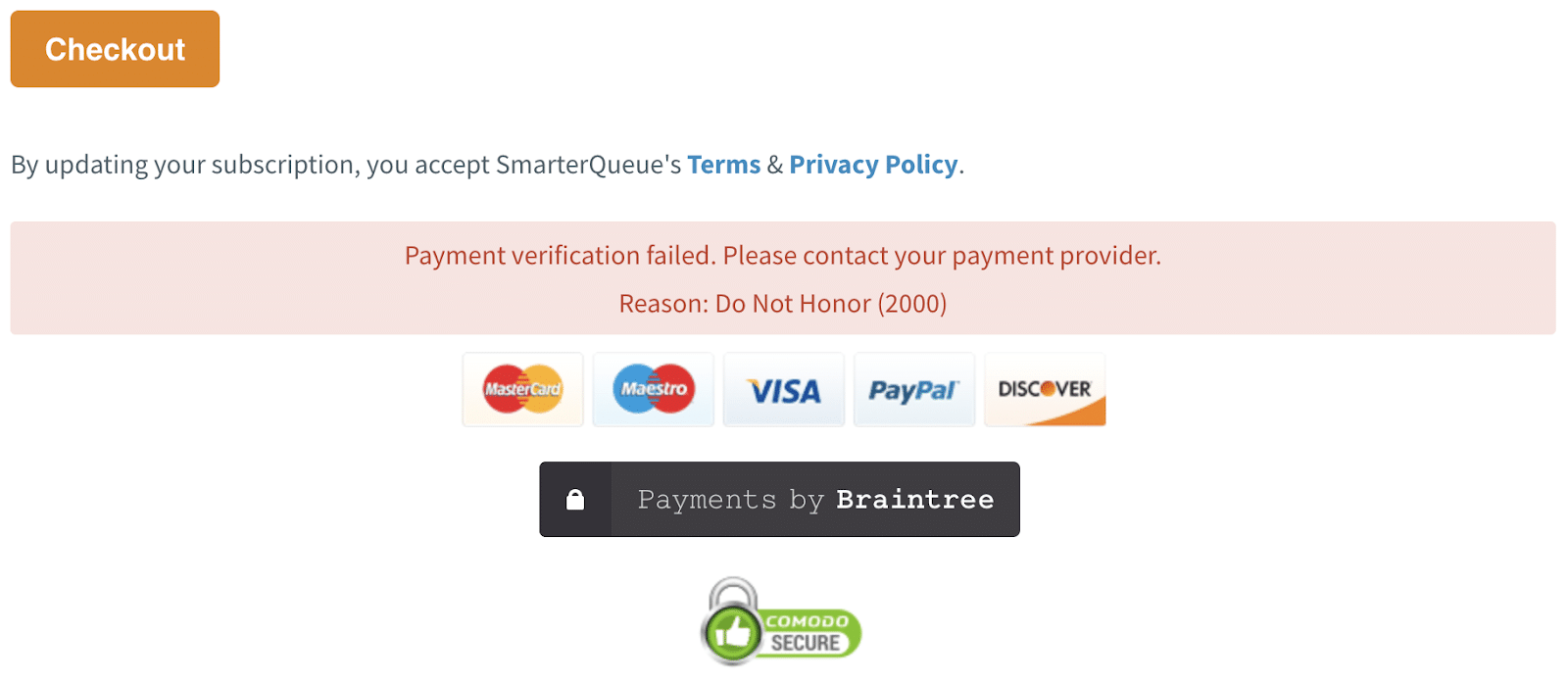 Example of a online credit card purchase being declined (Source: SmarterQueue.com)