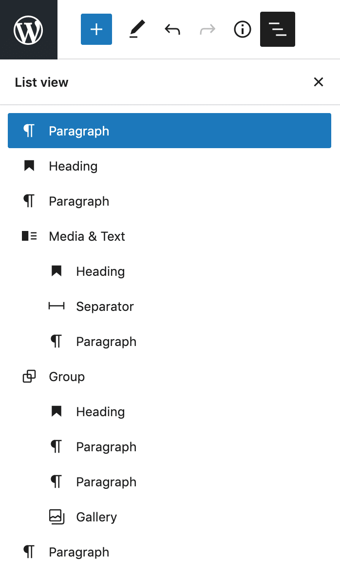 The List View sidebar in WordPress 5.8.