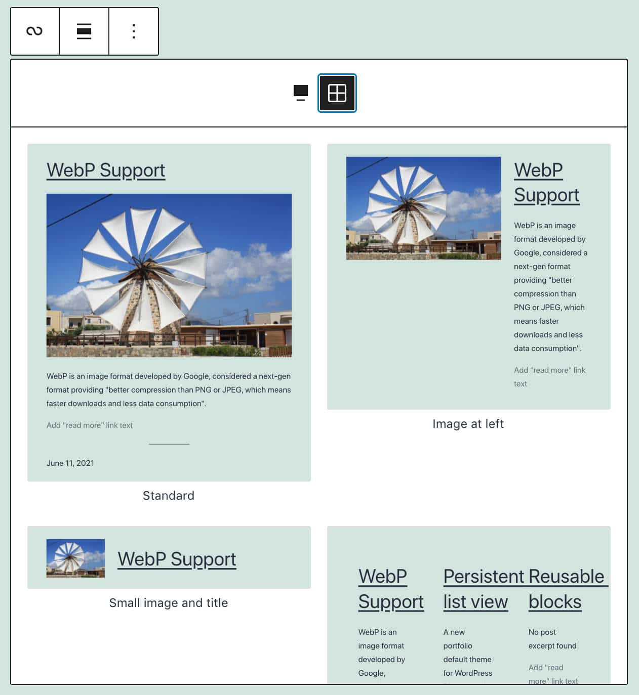 Query Loop block patterns in Grid view.