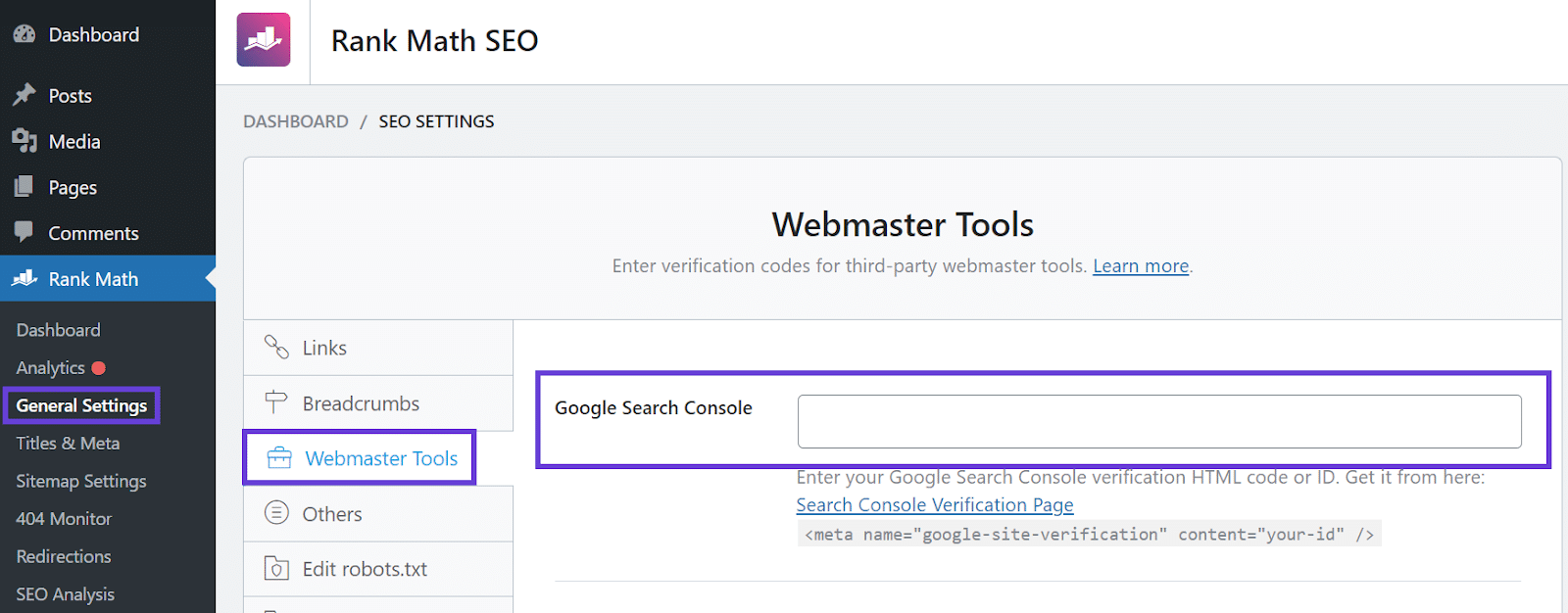 Adding the Search Console verification code to Rank Math with a highlight box around where the input should go.