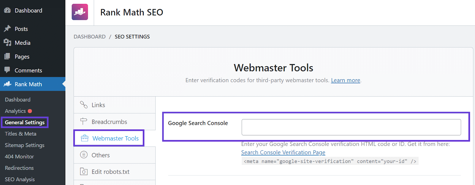 Aggiungere il codice di verifica di Search Console a Rank Math con una casella evidenziata dove va inserito l'input.