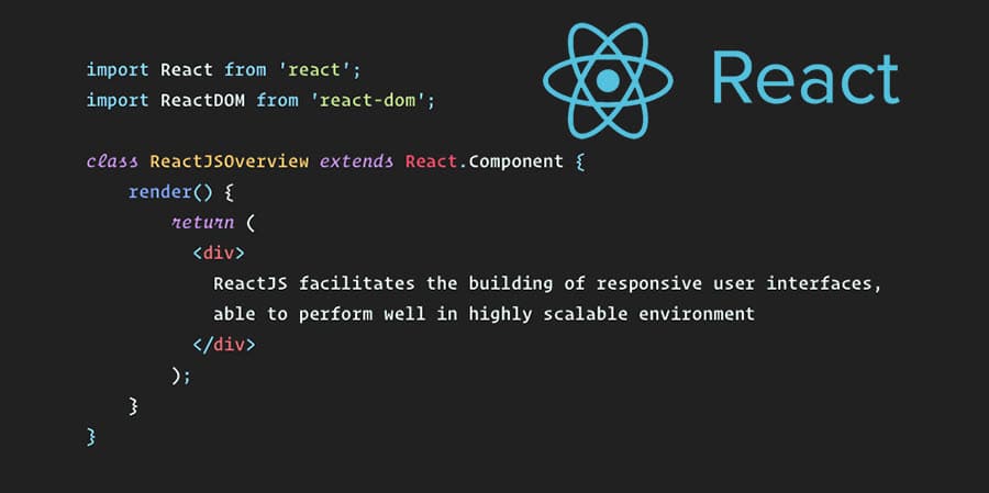 A screenshot of the React logo along with a multi-line code example