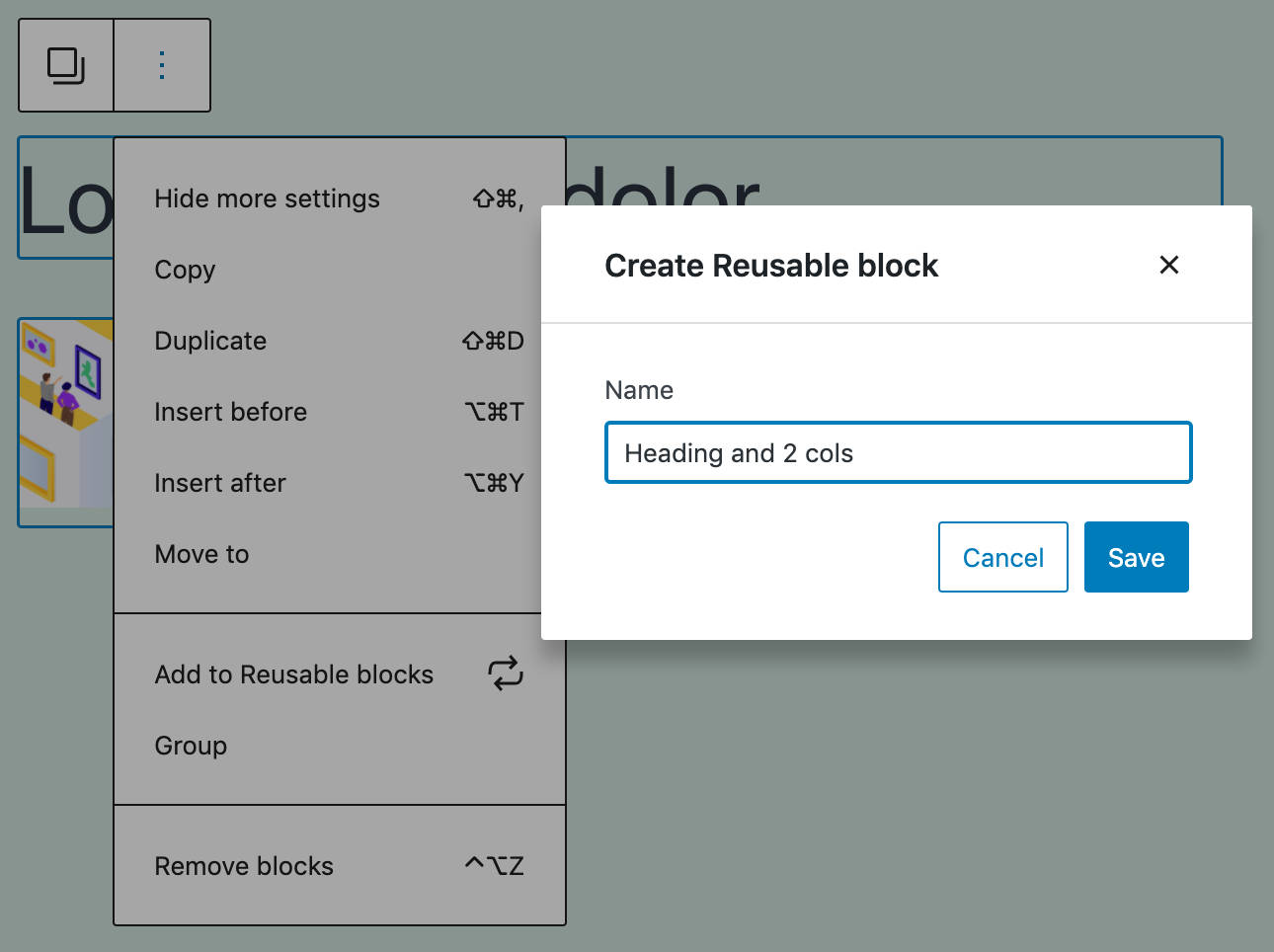 Een modal voor de reusable blocks aanmaakflow.