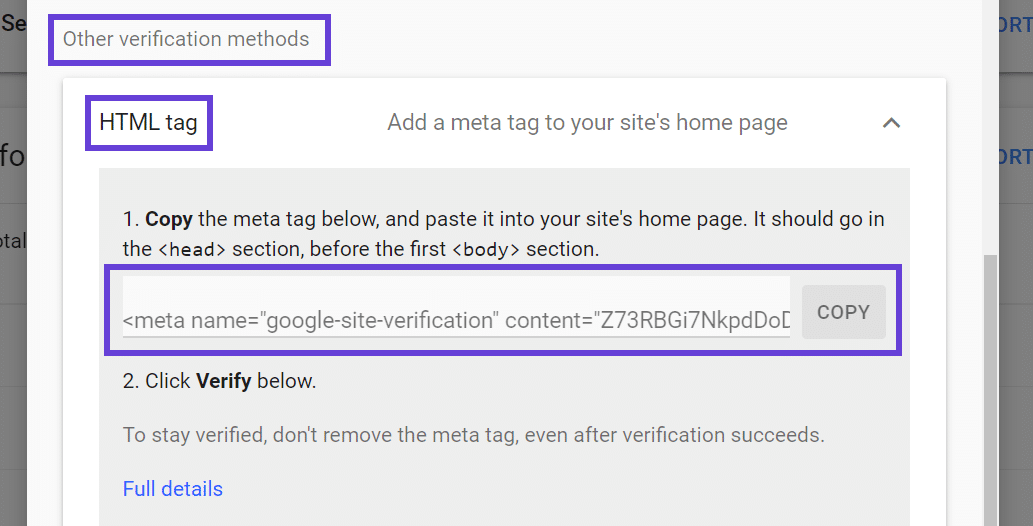 The window for finding your HTML tag for your Google verification code.