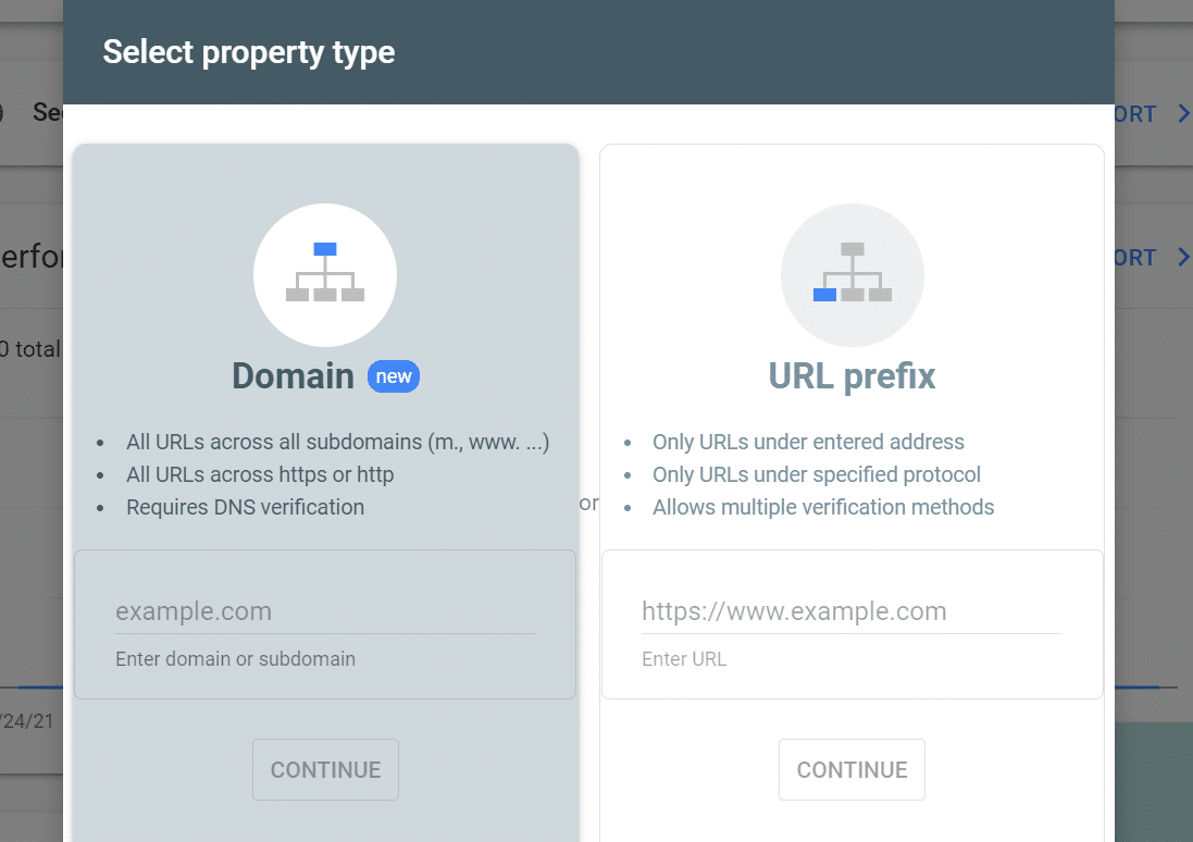 Selecting a property type in Search Console with the "Domain" option in focus.