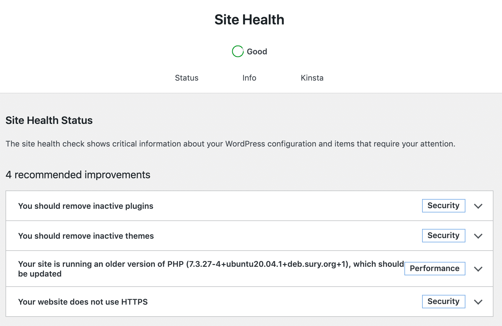Uma aba personalizada adicionada ao menu de navegação Site Health.