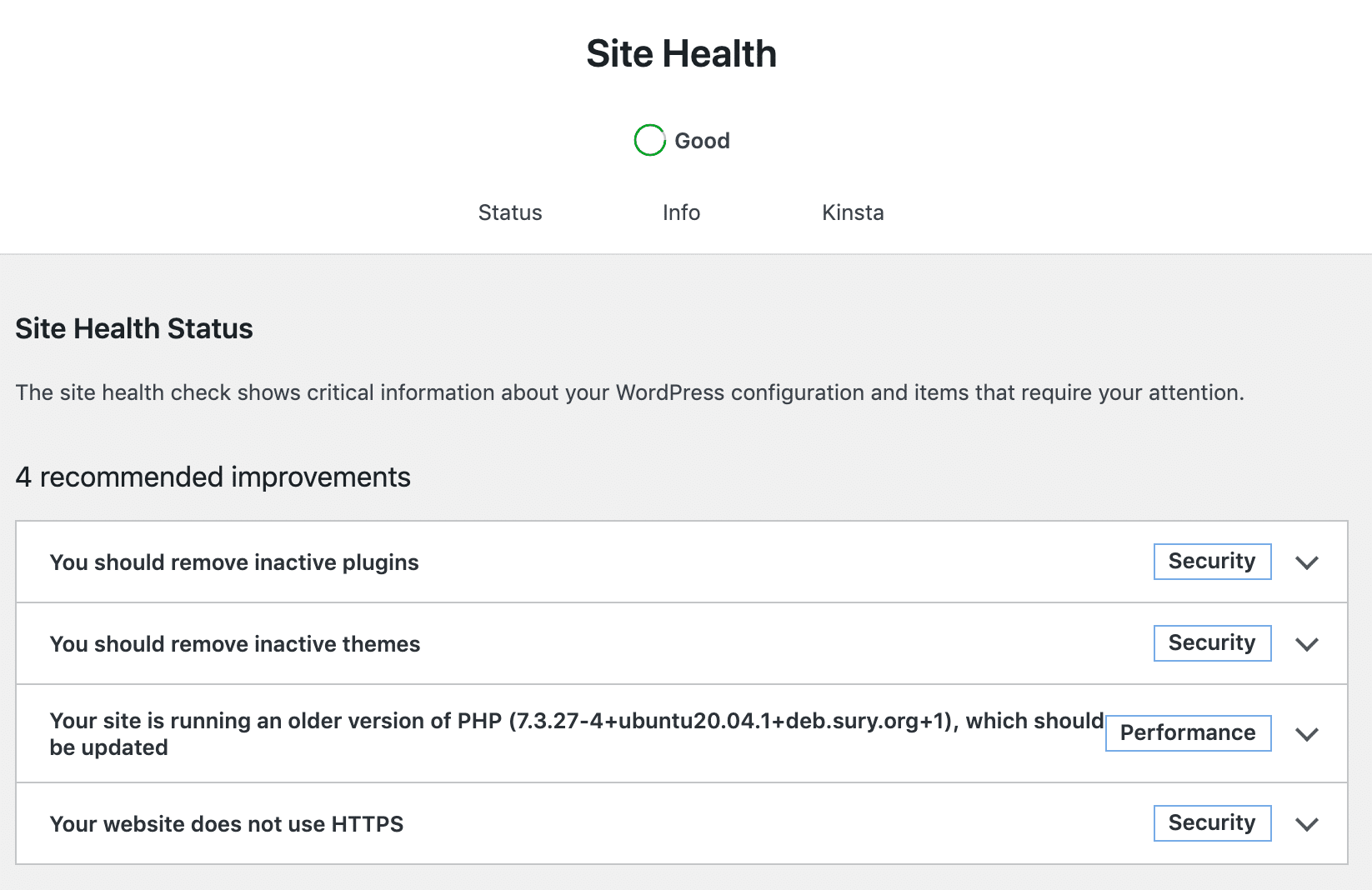 Eine benutzerdefinierte Registerkarte wurde zum Site Health-Navigationsmenü hinzugefügt.