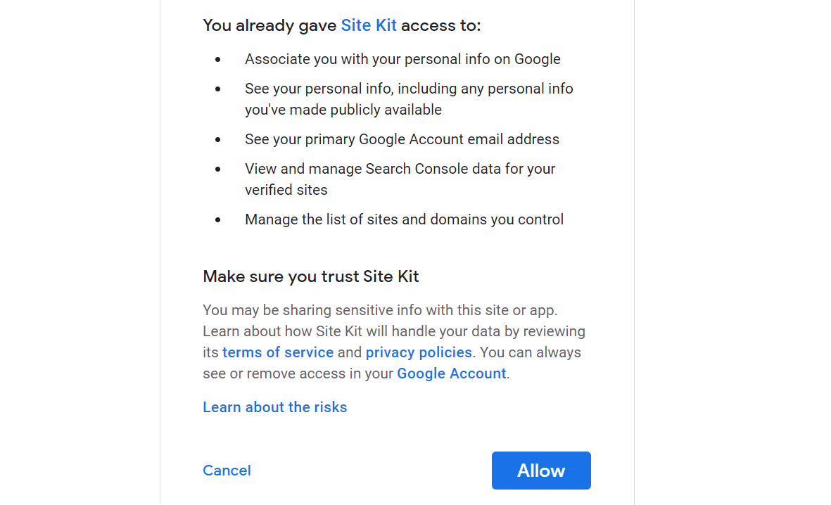 A list of Site Kit permission requirements with options to "Allow" or "Cancel".