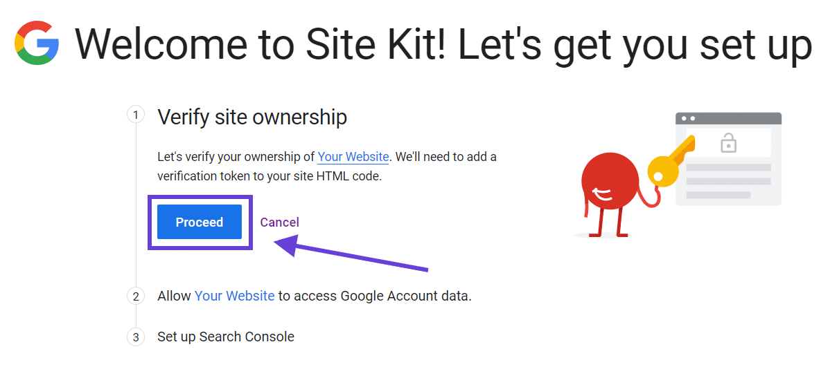 The option to enable Site Kit to verify that you own your website with an arrow pointing to the "Proceed" button.