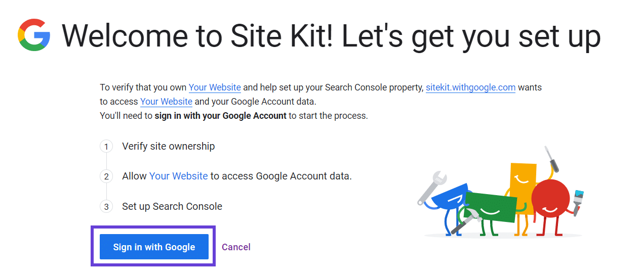 The Site Kit setup wizard welcome screen that says 