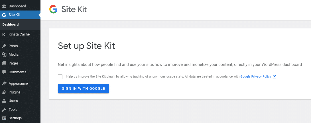 Signing in with Google through the Site Kit plugin.