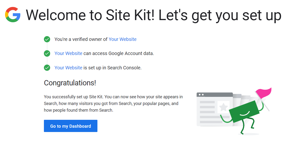 A Site Kit setup success message saying 