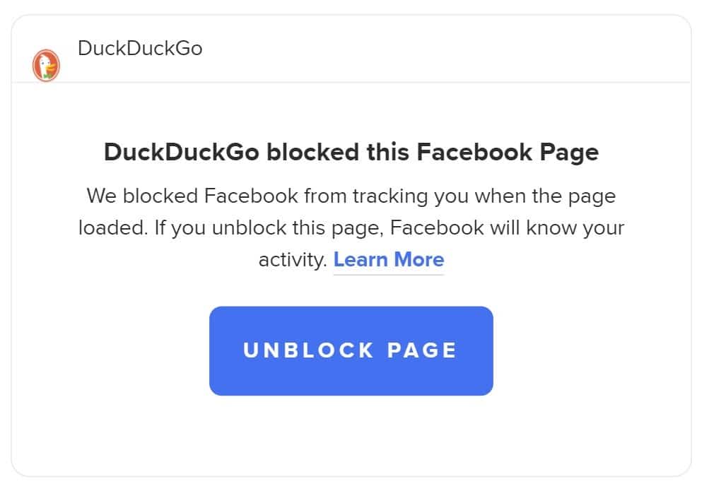 DuckDuckGo warning: "DuckDuckGo blocked this Facebook Page"