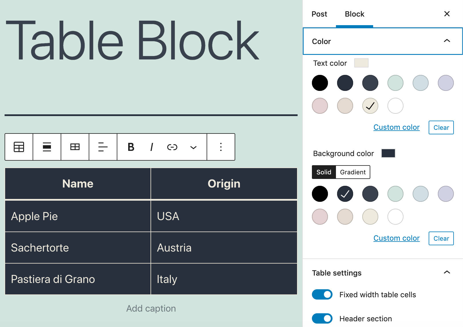 Mejora de la configuración del color del bloque de la tabla.