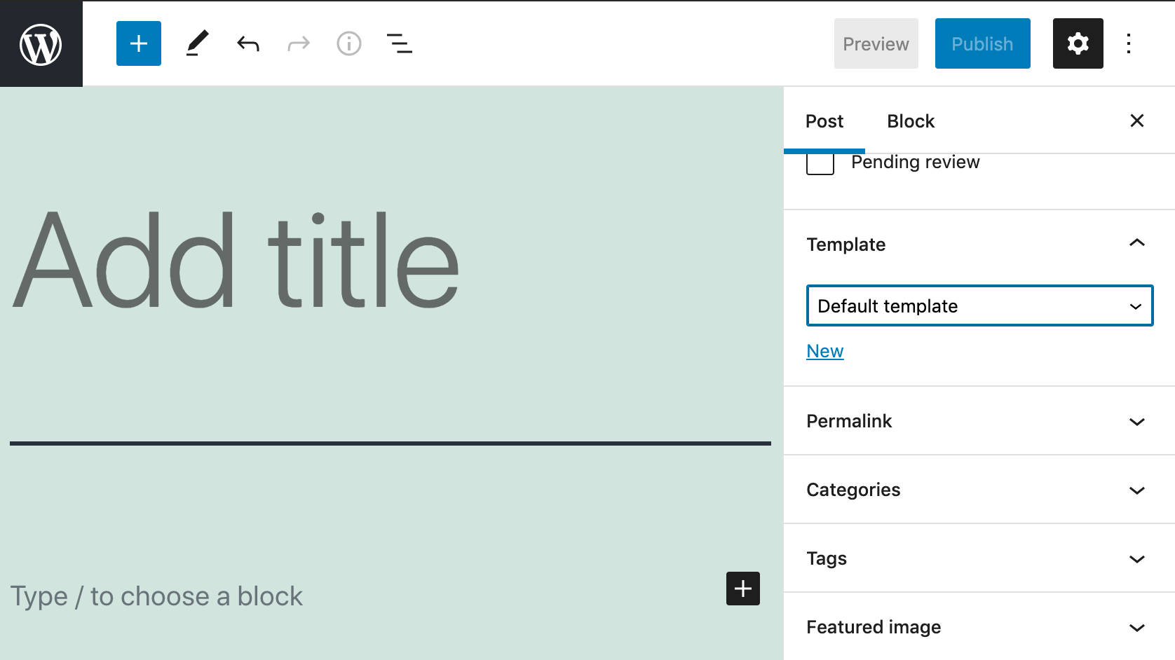 Skabelonpanel i Block Editor sidebar.