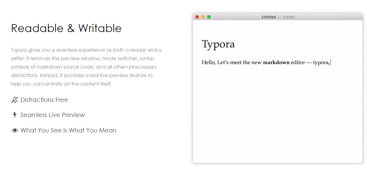 The Typora markdown editor homepage with the heading "Readable & Writable".