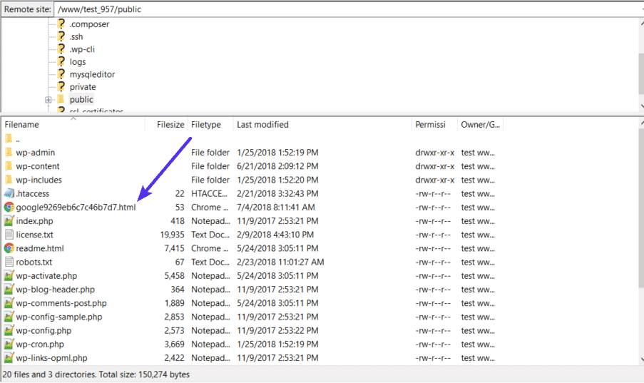 An SFTP application open to show a file transfer with an arrow pointing to an example .html file.