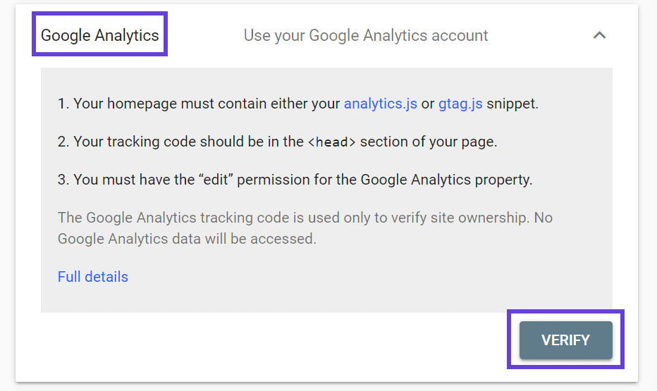 The Google Analytics verify account screen with a highlight box around the "Verify" button.