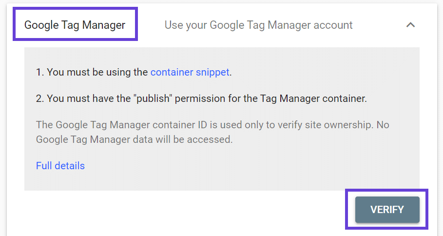 The screen to verify your Google Tag Manager account with the "Verify" button highlighted by a box.