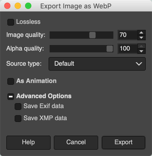 Exportera bilden som WebP i GIMP.