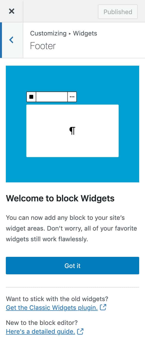 Block widgets in the customizer.