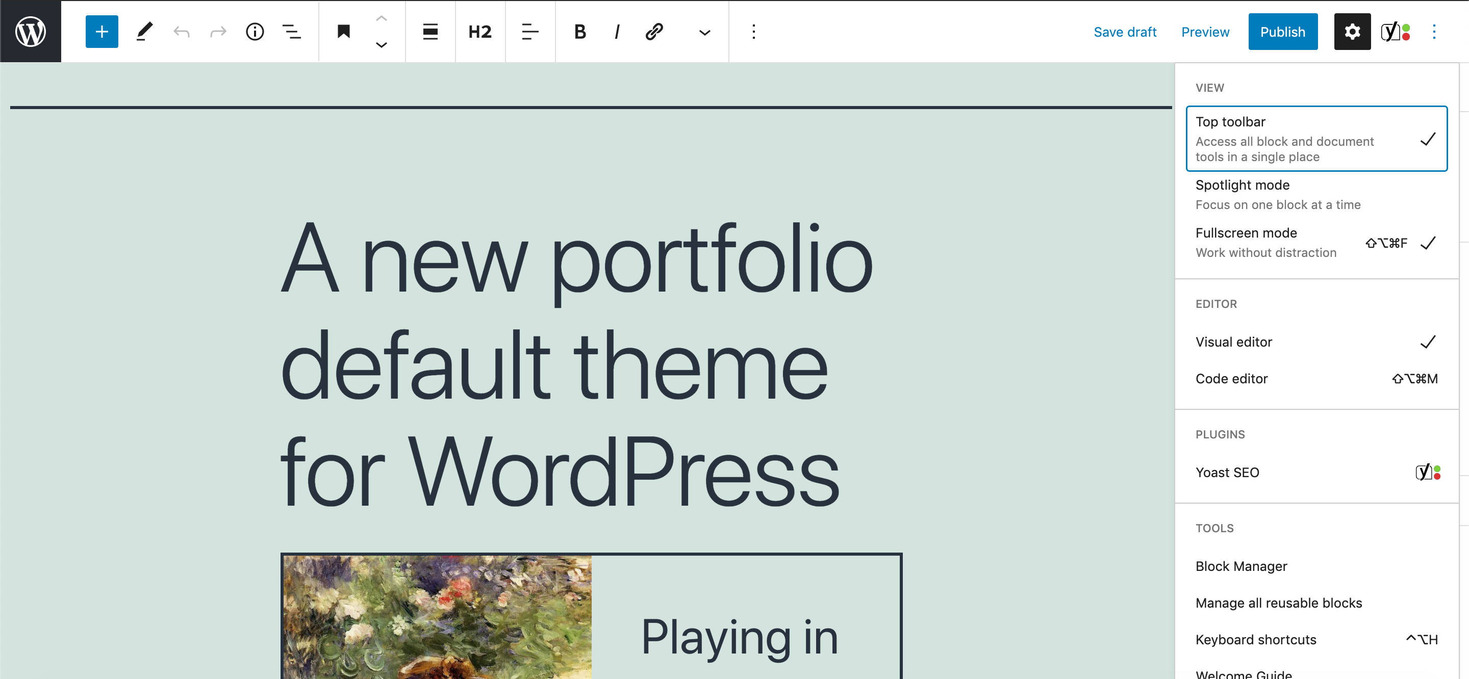 The top toolbar on wide screens in WordPress 5.7.