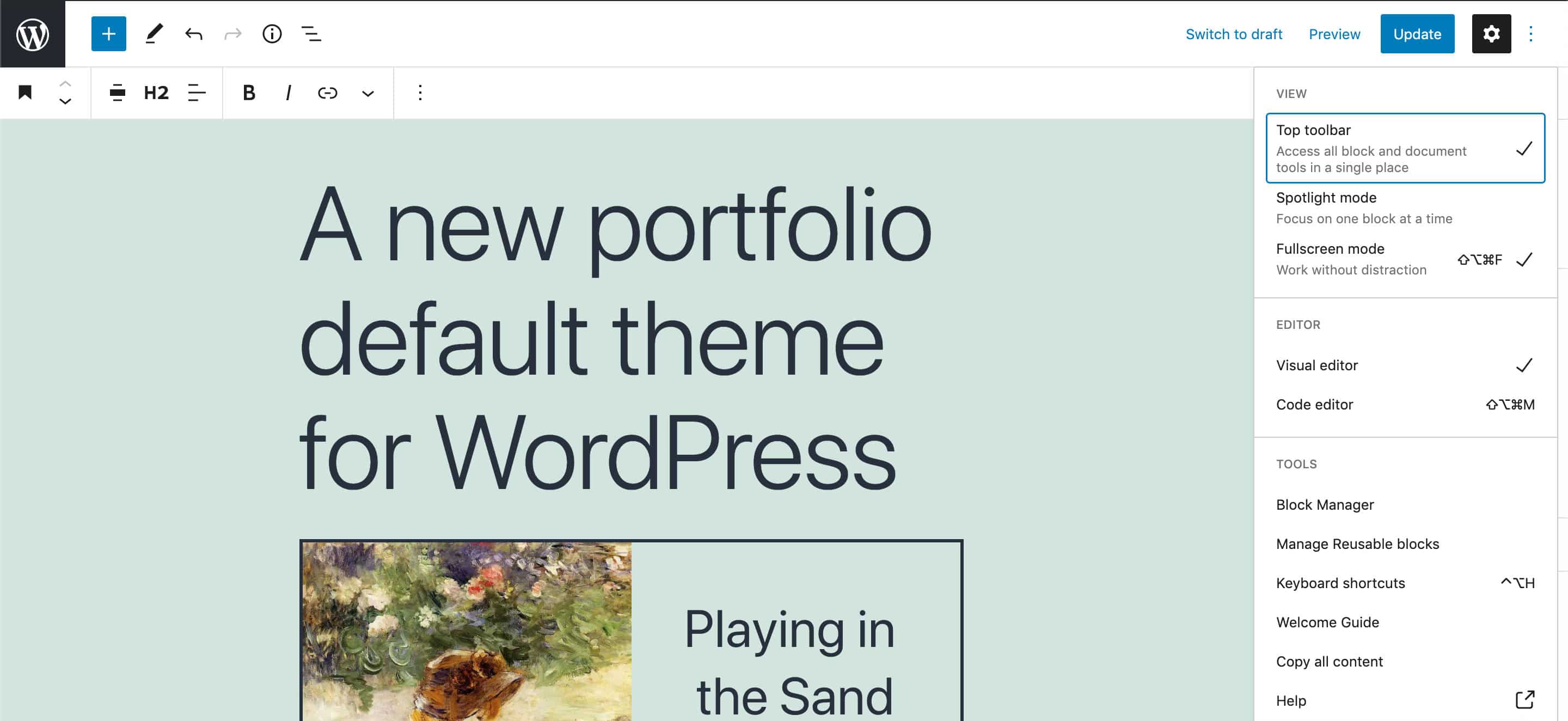 Den øverste toolbar på brede skærme i WordPress 5.8.