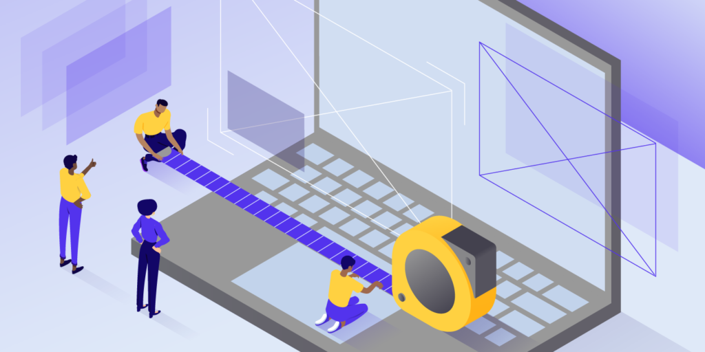 Illustration of tiny figures standing on a giant laptop, measuring the laptop's width with a giant tape measure.