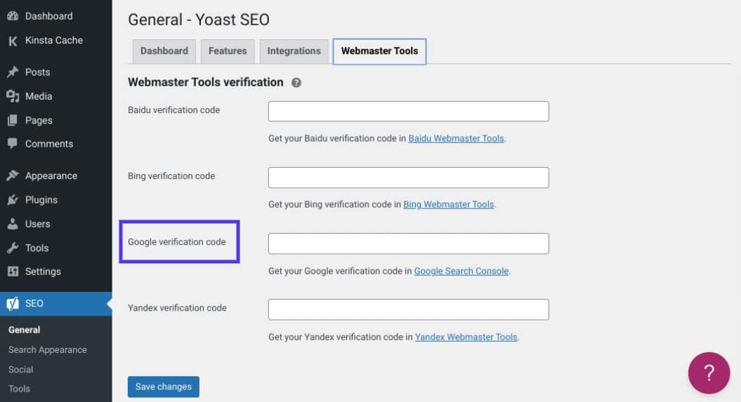 Google site verification in Yoast SEO in WordPress with a highlight box around the "Google verification code" form label.