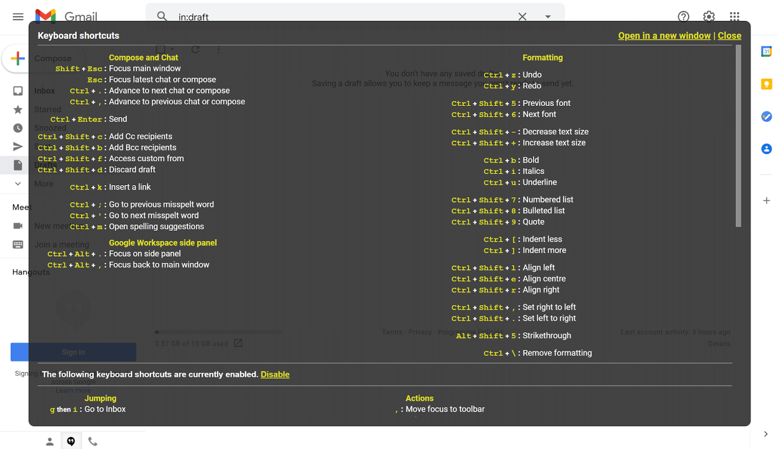 A list of Gmail's built-in keyboard shortcuts and what they do