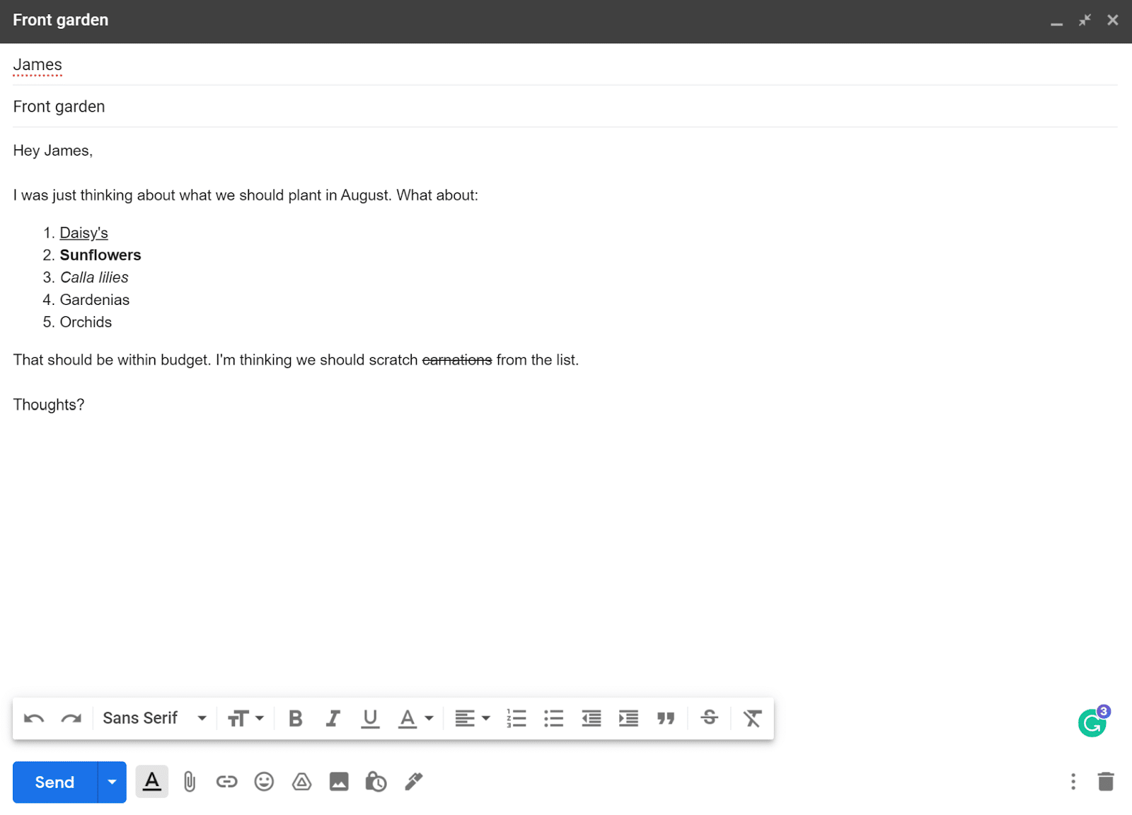 A sample email with the subject "Front garden" and text showing different formatting effects like bold, italics, etc.