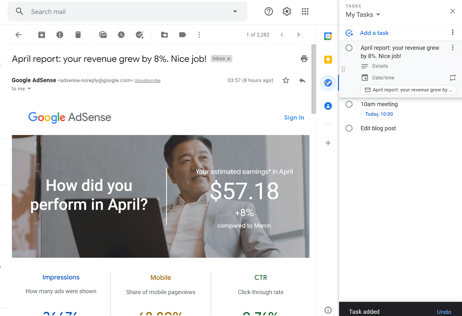 Een voorbeeld van een e-mail in Google Tasks.