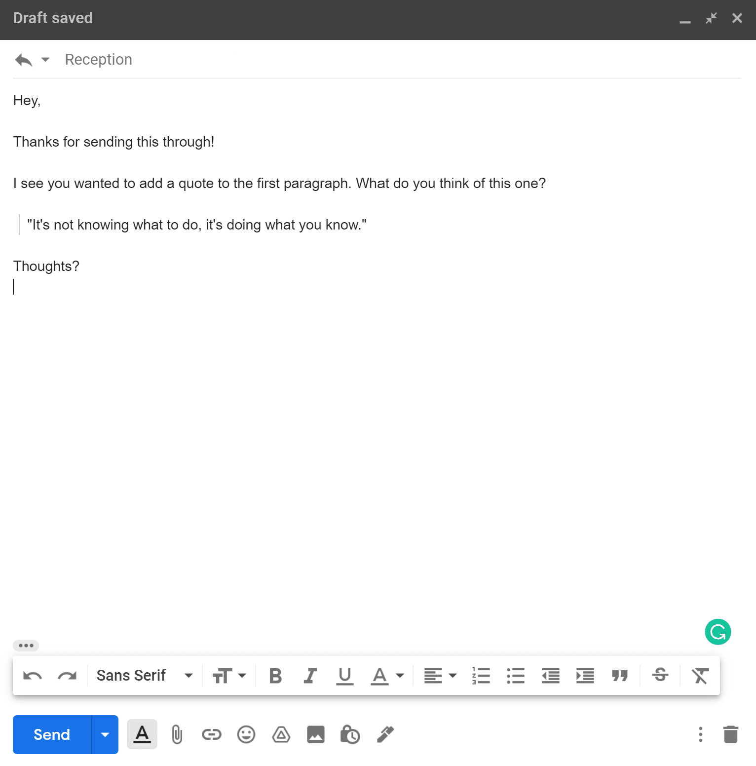 An example email showing the indented and bordered quote formatting on text saying 