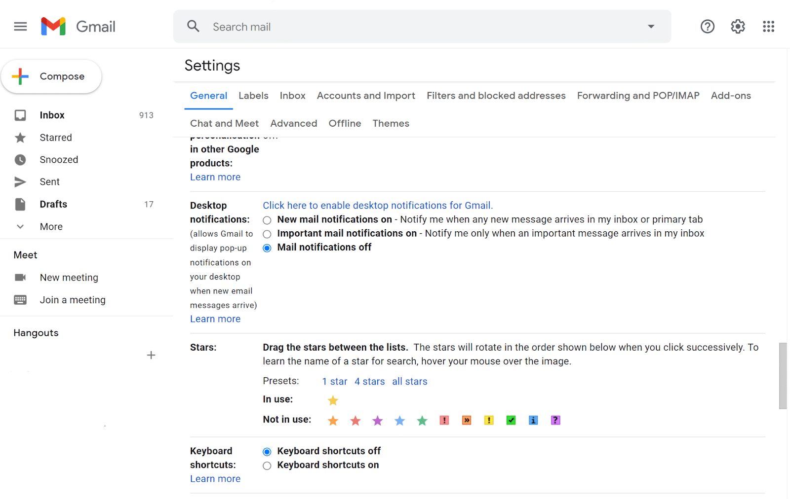 La sezione "Impostazioni" di Gmail con un focus sulla sezione "Scorciatoie da tastiera" opzioni