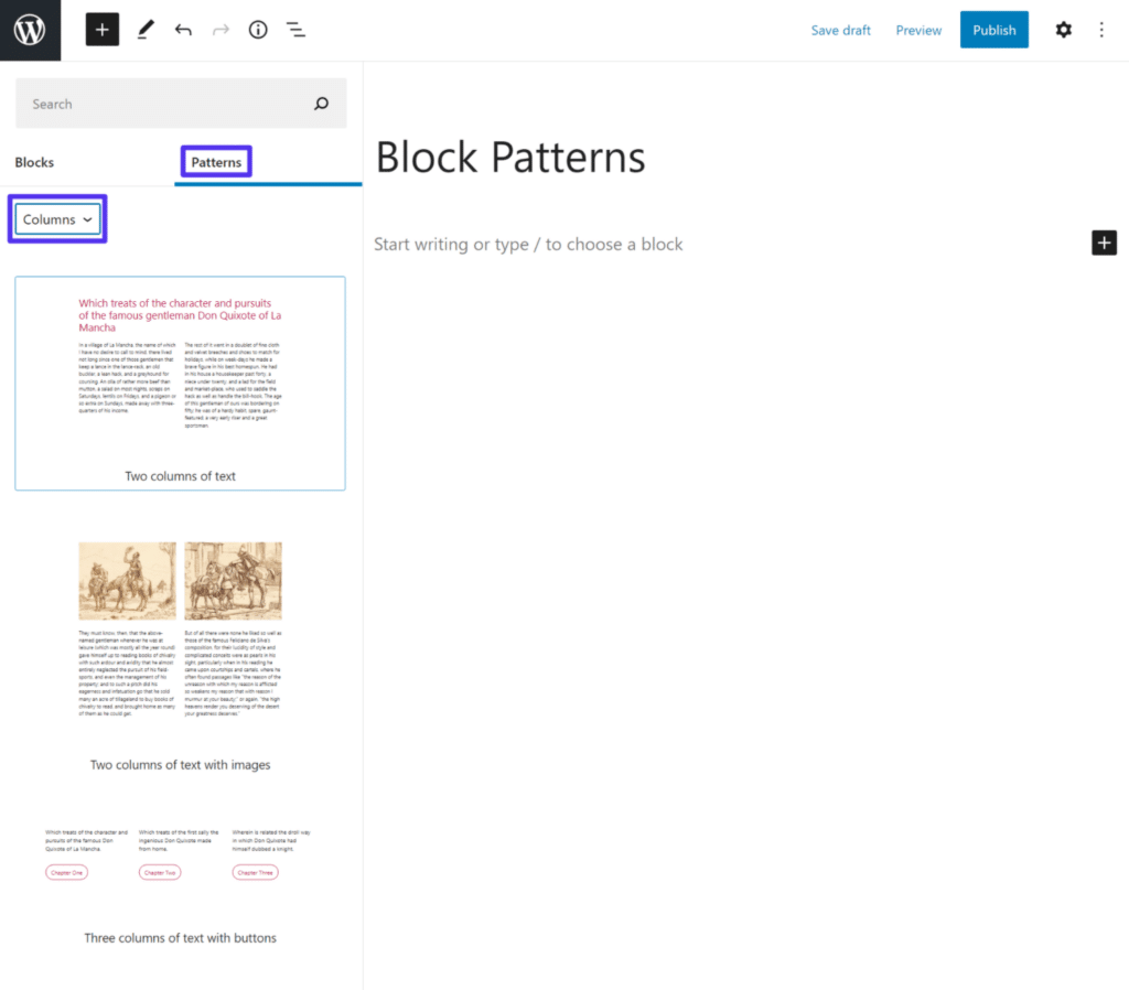 Cómo insertar un patrón de bloques.