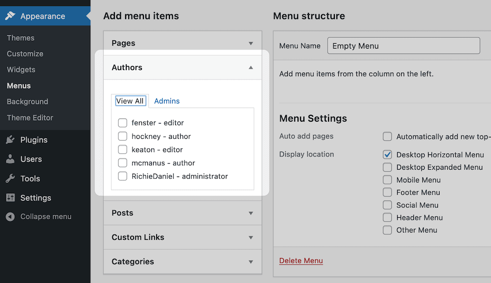 De meta box van Authors, nu met gebruikers.