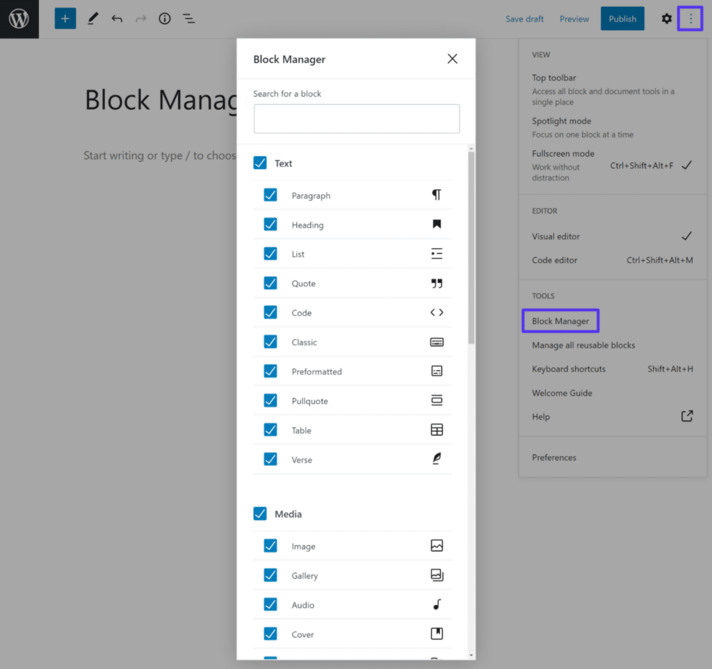 Deselezionare i blocchi per nasconderli dalla scheda di inserimento blocchi.