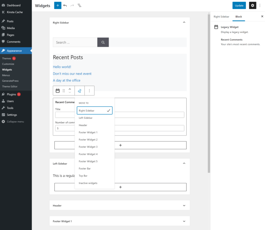 Utilisation de blocs pour modifier les zones de widgets.