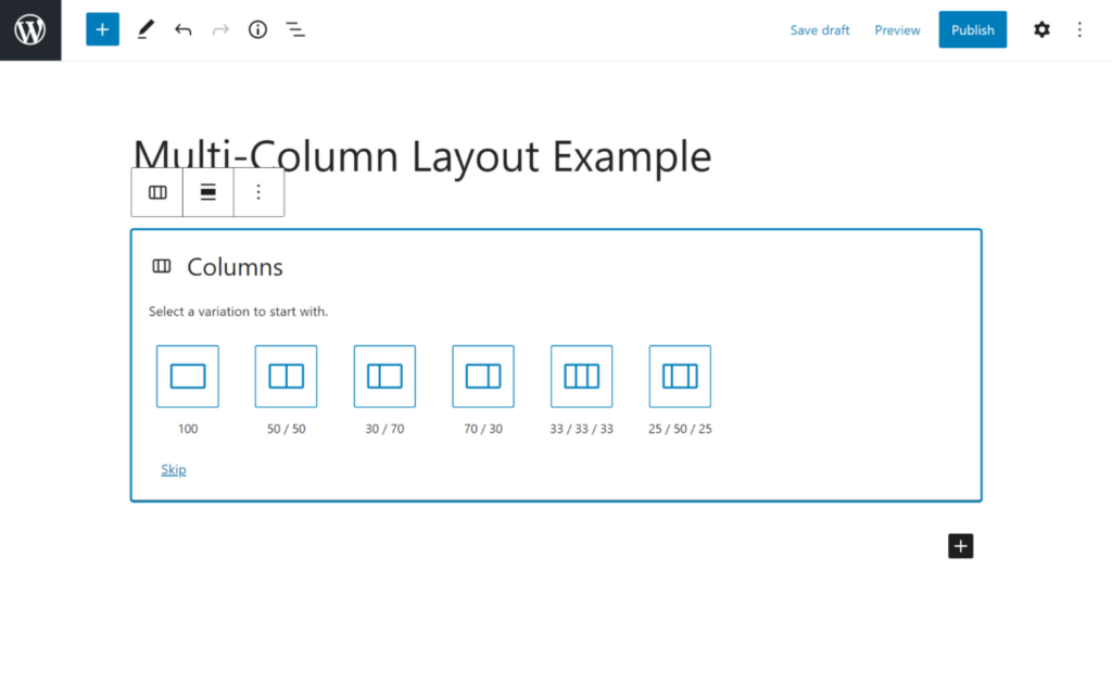 Choose the column structure and ratio in the Gutenberg WordPress editor