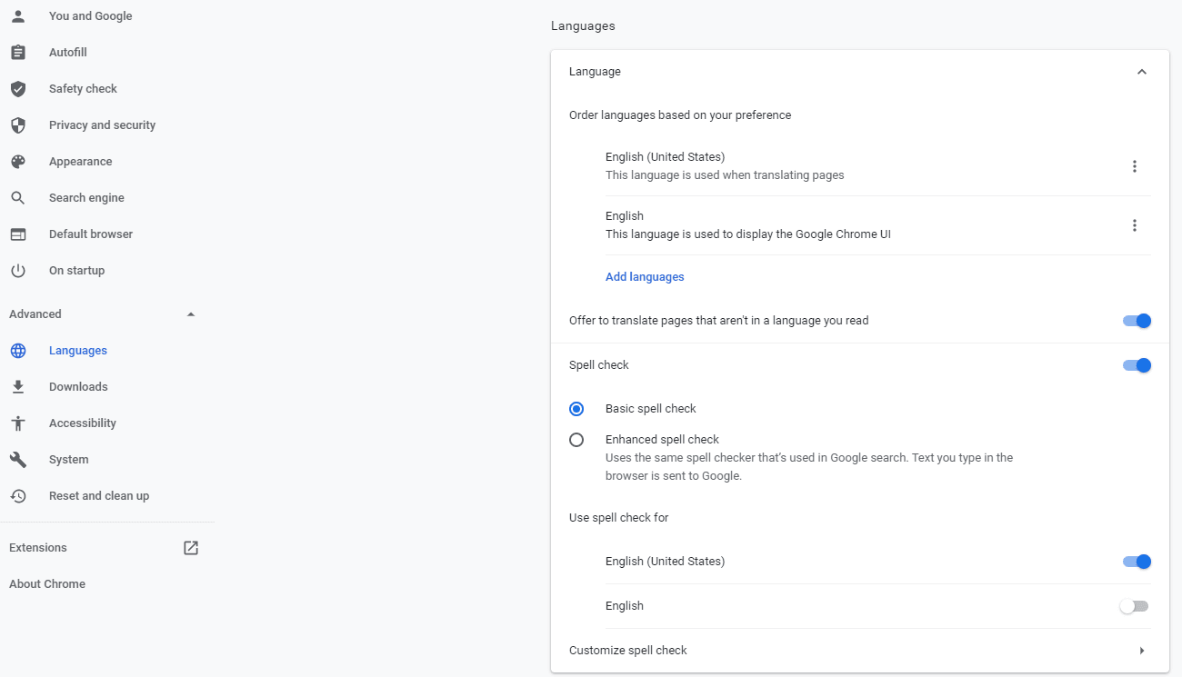 The language settings in Chrome