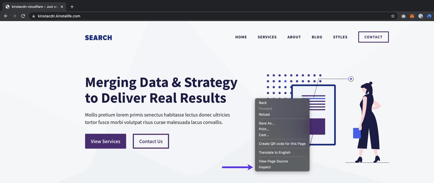 Faites un clic droit et sélectionnez Inspecter pour lancer les outils de développement de Chrome.
